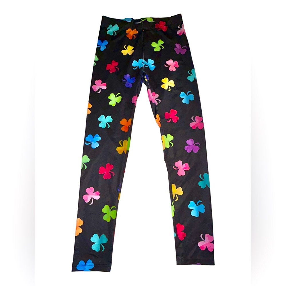 Rainbow Shamrocks with Black Background Women Leggings Size Large